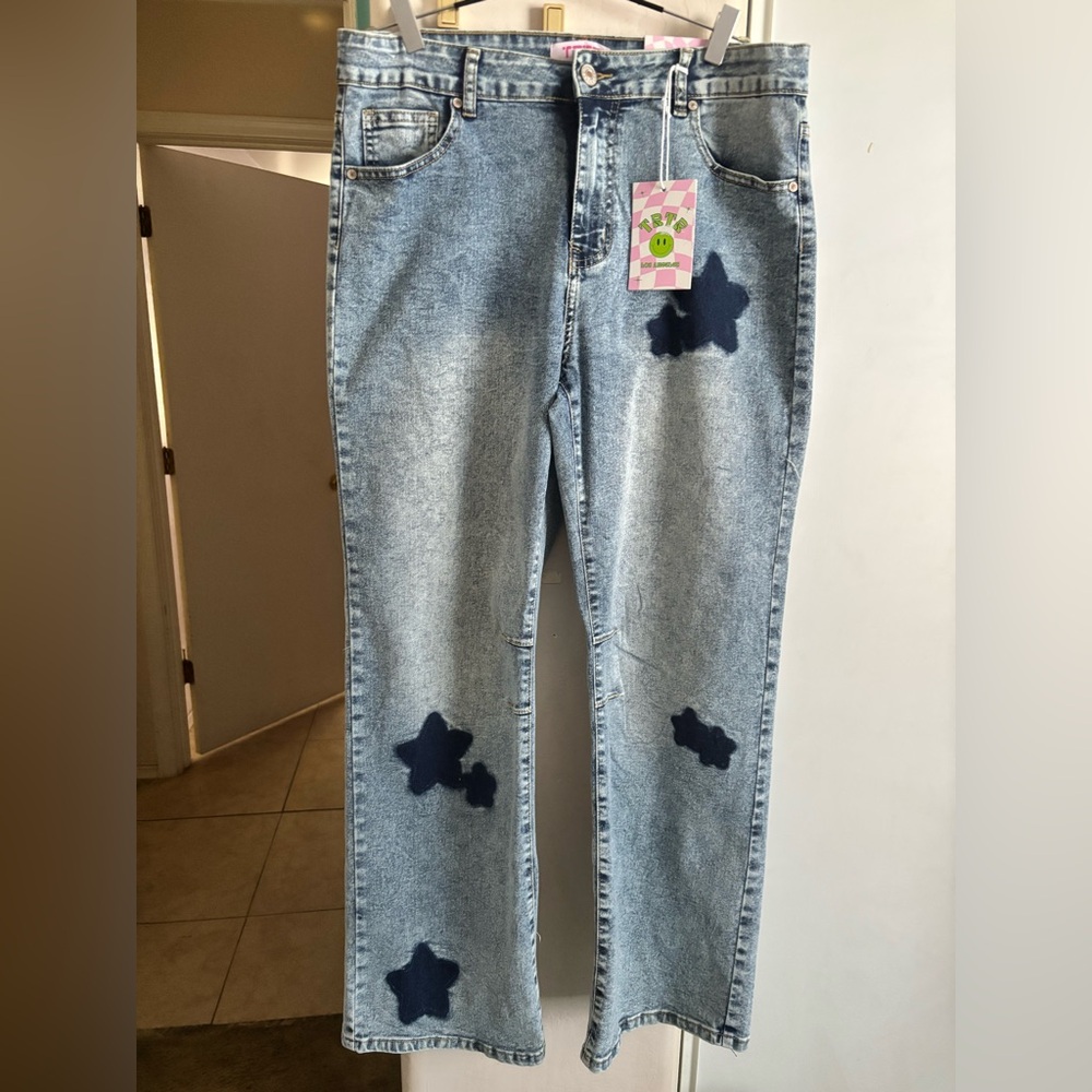 NWT TRTR Stylish Blue Star Patch Jeans, star straight, with stretch, Size 14
